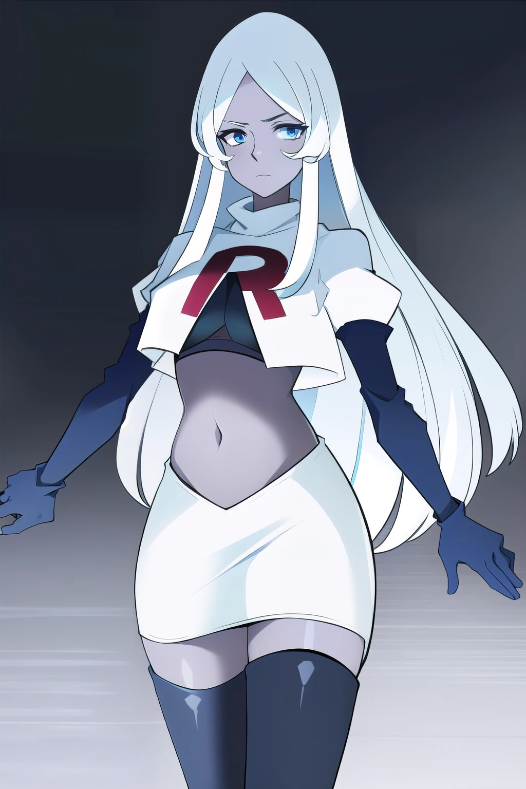 (8k) (high res) (best quality) (masterpiece) blue_diamond, white hair,long hair, blue skin,colored skin,  blue eyes, team rocket,team rocket uniform,white skirt,red letter R,crop top,black thigh-highs,black elbow gloves