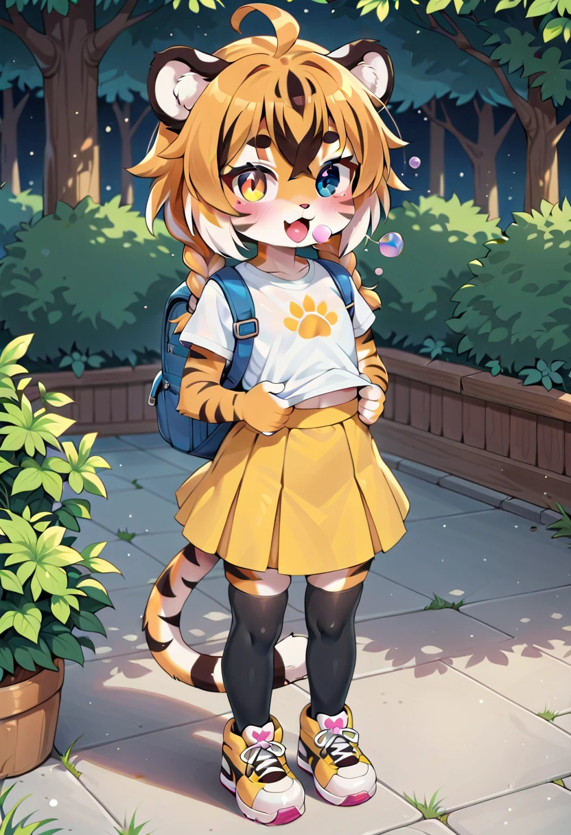 masterpiece, high resolution, best quality, (furry tiger girl, baby body, baby height, flat chest, animal face, animal skin, animal fur, tiger ears, tiger tail), heterochromia, multicolored hair, twin braids, piercing, makeup, tattoo, cap, top, stockings, skirt, sneakers, backpack, blowing soap bubbles in the park