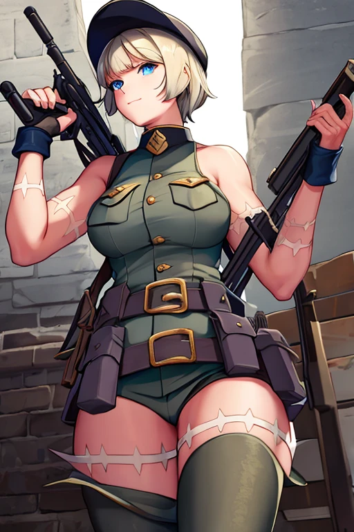 MS Fortune in WW1 soldier uniform holding a big gun above the trenches in a tower