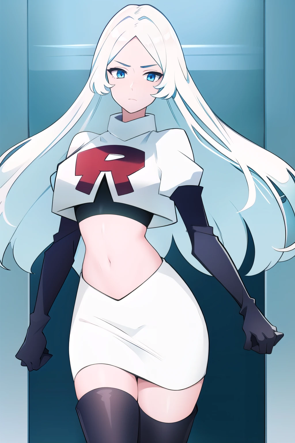 (8k) (high res) (best quality) (masterpiece) blue_diamond, white hair,long hair, blue skin,colored skin,  blue eyes, team rocket,team rocket uniform,white skirt,red letter R,crop top,black thigh-highs,black elbow gloves