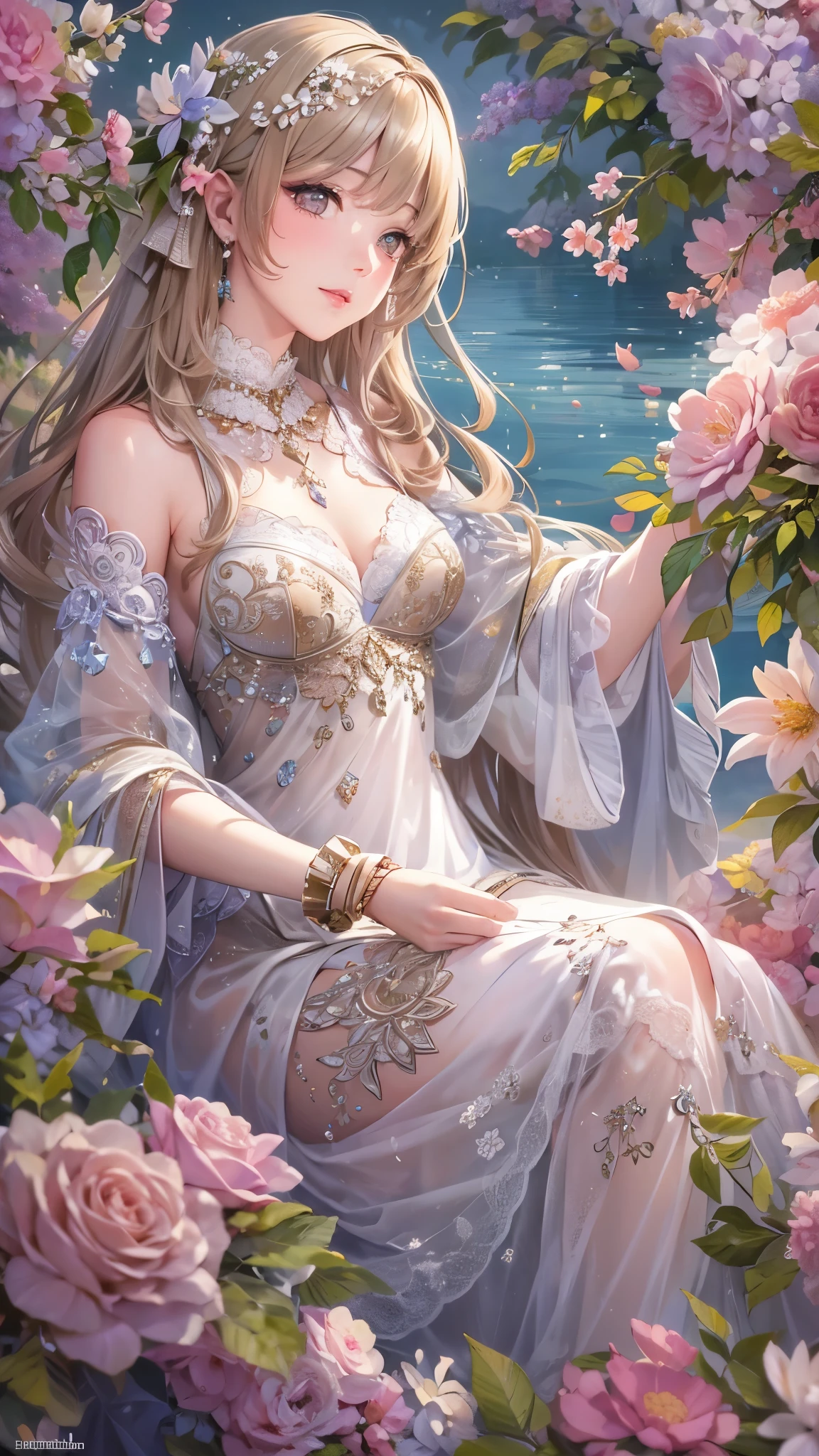 ((Finest quality)),(超A high resolution),(Ultra-detailed細),(Meticulous portrayal),((the most picturesque works of art),Ultra-Precision Art,The art of astounding depiction,Fantasyart:1.5, ((((Beautiful flowers々:1.5))), ((Body eroded by flowers:1.3)),Glamorous body:1.3,fancy background effects、masterpiece、Fancy details、(NSFW 1.1), ((1girl in)), ((masutepiece)), ((Highly detailed:1.3)), In crystal clear water,beautiful woman entering the lake, ((long yellow hair)), Wet hair, Wearing a light transparent dress, clothed bathing, steam, (Rose petals floating in water:1.3), Early morning light, Ivory Gold AI, windows, Crepscular lighting, 、Lace sheer underwear、very very gigantic boobs、Pink nipples、pink areolae,透けて見えるPink nipples、透明なpink areolae、lace and string shorts.、princess carry,Sexy lingerie with lace and strings,See-through sexy lingerie,Transparent lingerie、translucent dress、pearlsescent、pearls、Sexy Harness、Sexy garter belt、Sexy Stockings、Well equipped,intimate, rose garden、Multicolored roses、lake with floating roses、Lying down、Open legs、Spread your legs、Open thighs、Immersion in water、Wet body、splash water、gorgeous flower decoration、big flowers、stylish hair、Moon, lantern, Night, Solo, playing in the water, Water, hair flower, flower, Outdoors, skyporn, full Moon, Rain, lantern, wet clothes, skyporn, wet hair (((masutepiece),(the Extremely Detailed CG Unity 8K Wallpapers),Best Quality,Cinematic lighting,Detailed background,Beautiful detailed eyes,Bright pupils, (extremely delicate and beautiful),(Beautiful and detailed eyes description), Ultra-detailed,masutepiece,)),((Yellow eyes))、