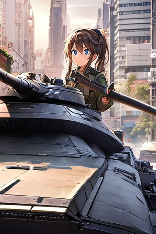 A girl piloting a tank