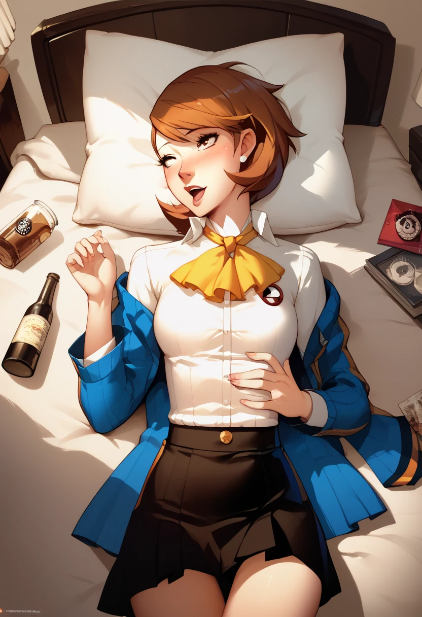 yukari takeba, person 3, beautiful,  short brown hair , School clothes,  Hotel room alone, increasingly drunk,lying down,  having sex