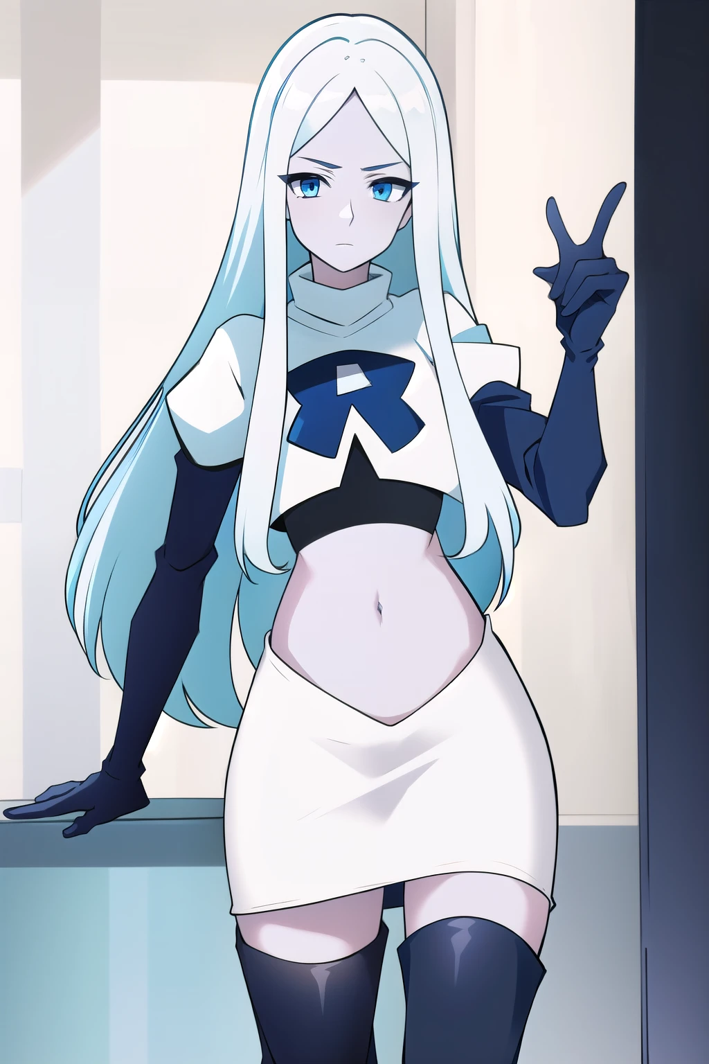 (8k) (high res) (best quality) (masterpiece) blue_diamond, white hair,long hair, blue skin,colored skin,  blue eyes, team rocket,team rocket uniform,white skirt,red letter R,crop top,black thigh-highs,black elbow gloves