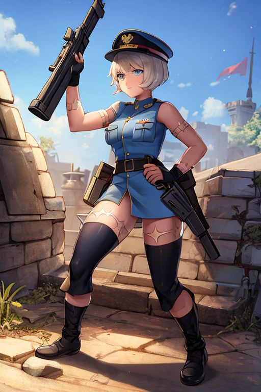 MS Fortune in WW1 soldier uniform holding a big gun above the trenches in a tower