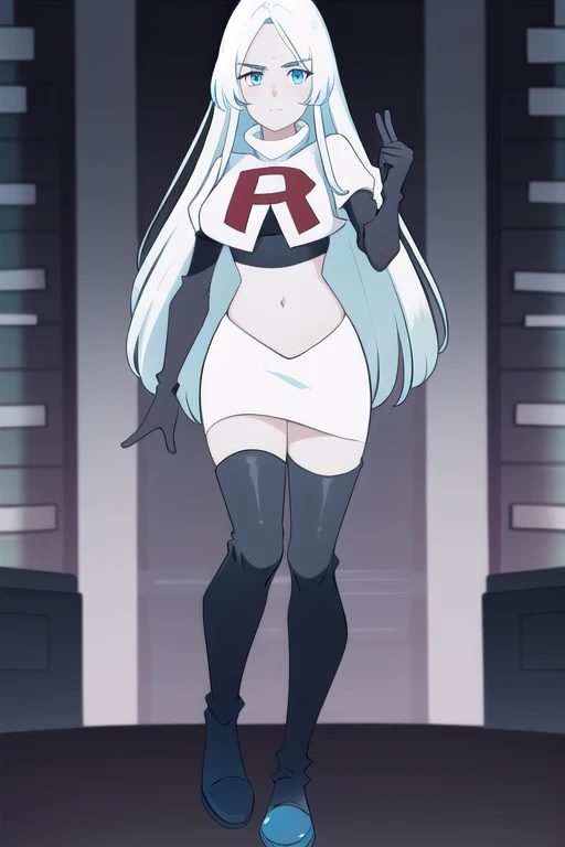 (8k) (high res) (best quality) (masterpiece) blue_diamond, white hair,long hair, blue skin,colored skin,  blue eyes, team rocket,team rocket uniform,white skirt,red letter R,crop top,black thigh-highs,black elbow gloves