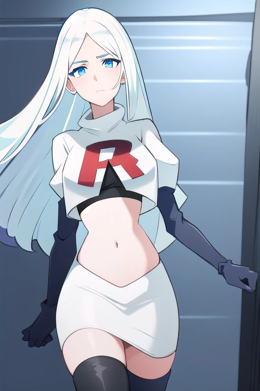 (8k) (high res) (best quality) (masterpiece) blue_diamond, white hair,long hair, blue skin,colored skin,  blue eyes, team rocket,team rocket uniform,white skirt,red letter R,crop top,black thigh-highs,black elbow gloves