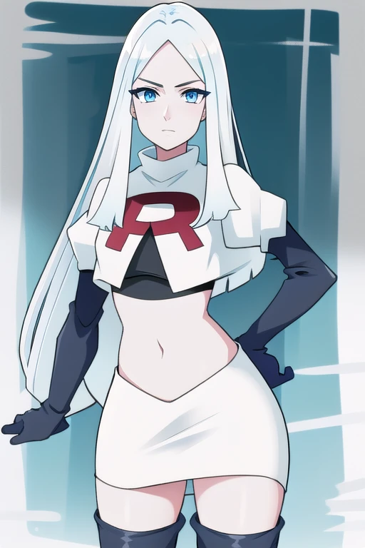 (8k) (high res) (best quality) (masterpiece) blue_diamond, white hair,long hair, blue skin,colored skin,  blue eyes, team rocket,team rocket uniform,white skirt,red letter R,crop top,black thigh-highs,black elbow gloves