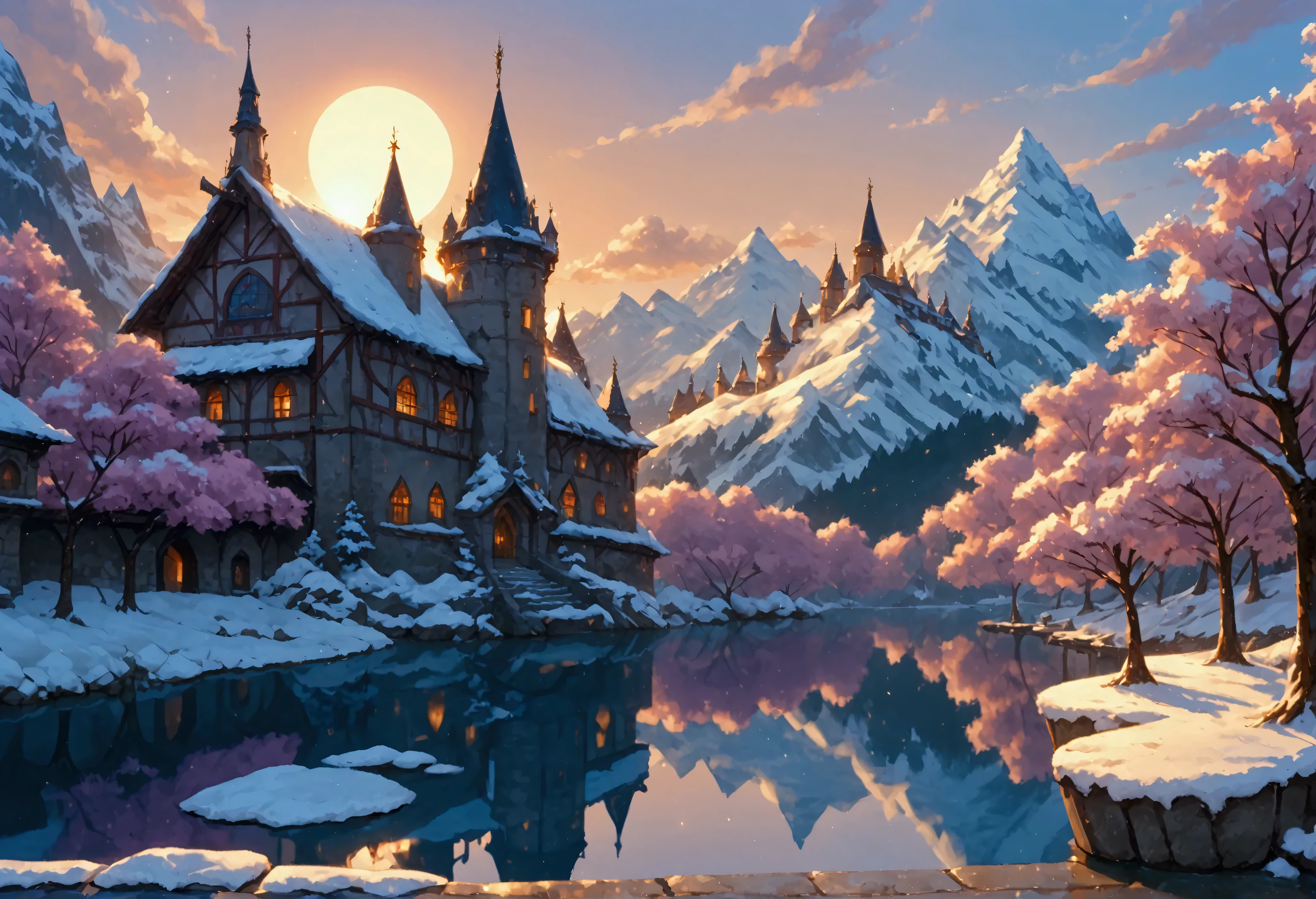 a water reflection scenic art of a medieval town with a castle, temple, towers,  sitting on the bank of a lake, behind it there isa snowy mountain, along the bank there are blossoming cherry trees, it is dawn and the sun is rising