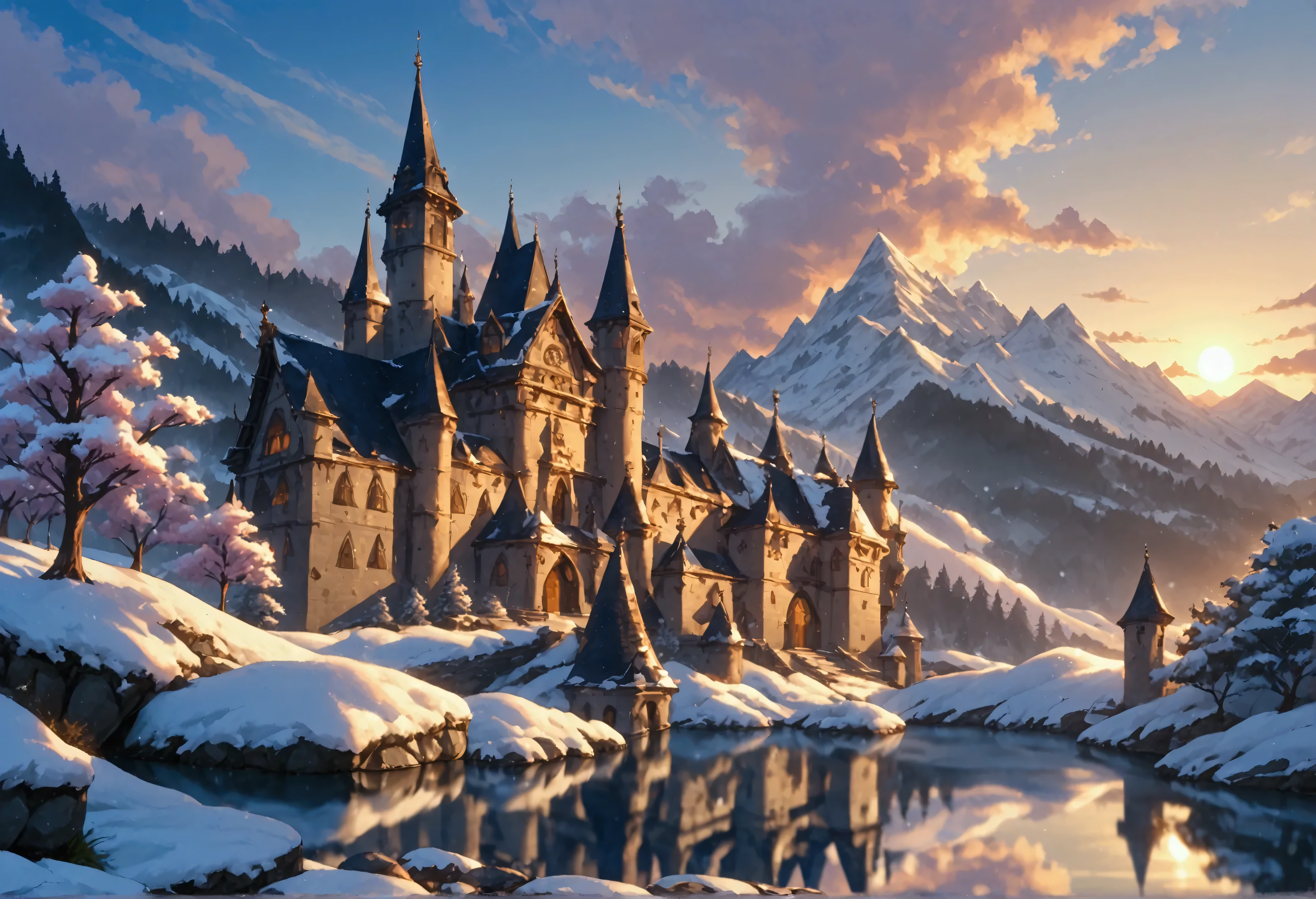 a water reflection scenic art of a medieval town with a castle, temple, towers,  sitting on the bank of a lake, behind it there isa snowy mountain, along the bank there are blossoming cherry trees, it is dawn and the sun is rising