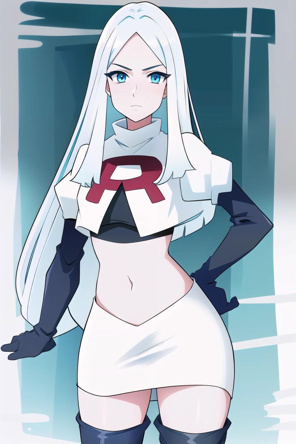 (8k) (high res) (best quality) (masterpiece) blue_diamond, white hair,long hair, blue skin,colored skin,  blue eyes, team rocket,team rocket uniform,white skirt,red letter R,crop top,black thigh-highs,black elbow gloves