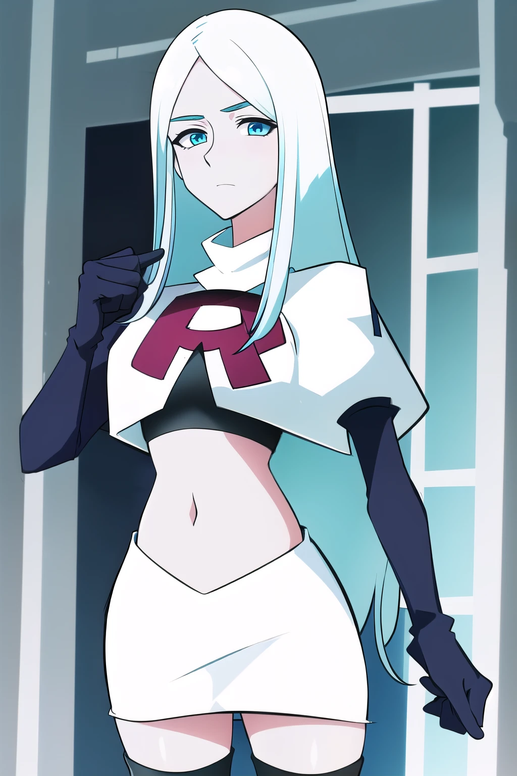 (8k) (high res) (best quality) (masterpiece) blue_diamond, white hair,long hair, blue skin,colored skin,  blue eyes, team rocket,team rocket uniform,white skirt,red letter R,crop top,black thigh-highs,black elbow gloves