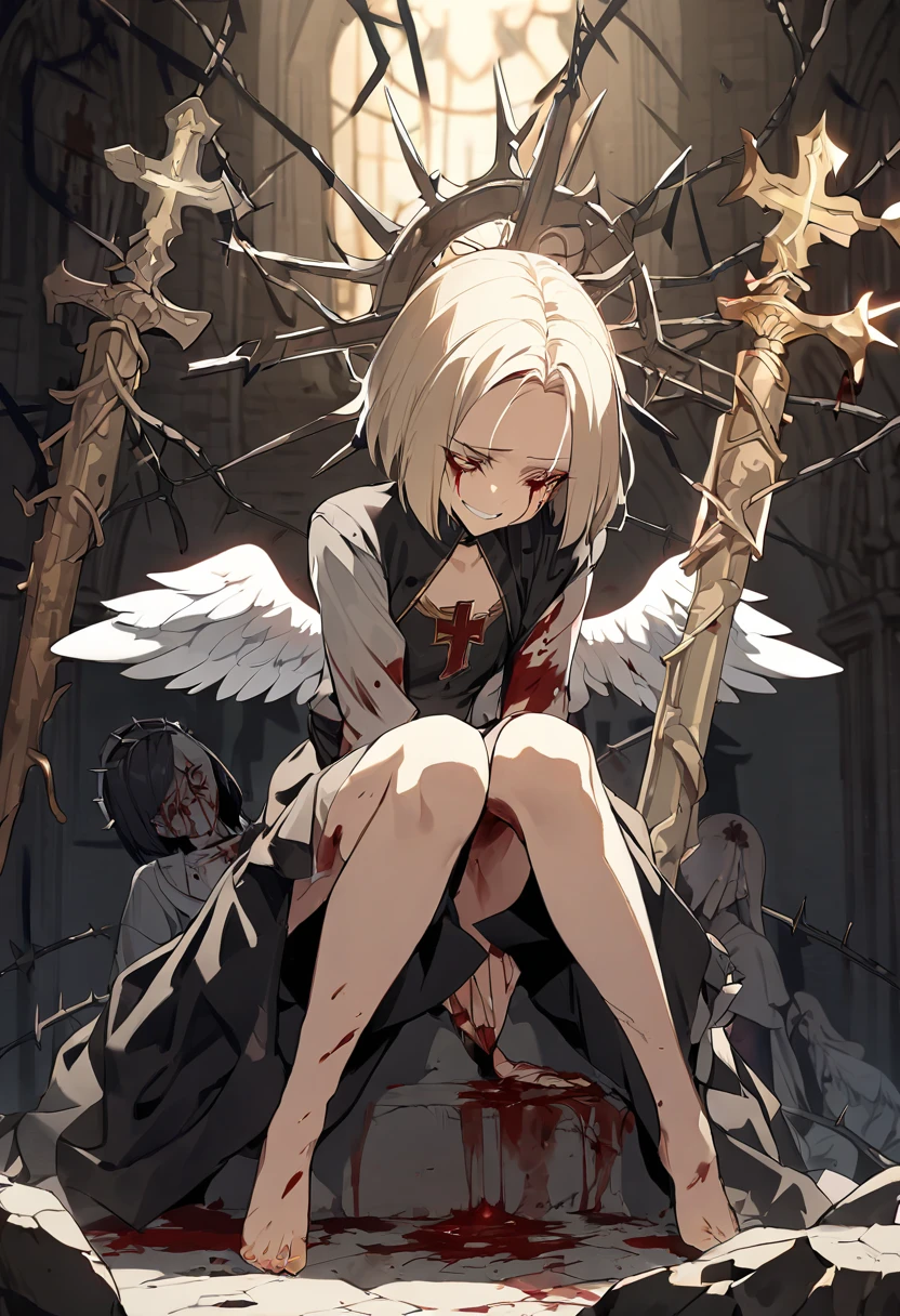 pile of corpses, closed eyes, scenery, perfect anatomy, white lingerie, angel, sad, :o, bleed, dirty