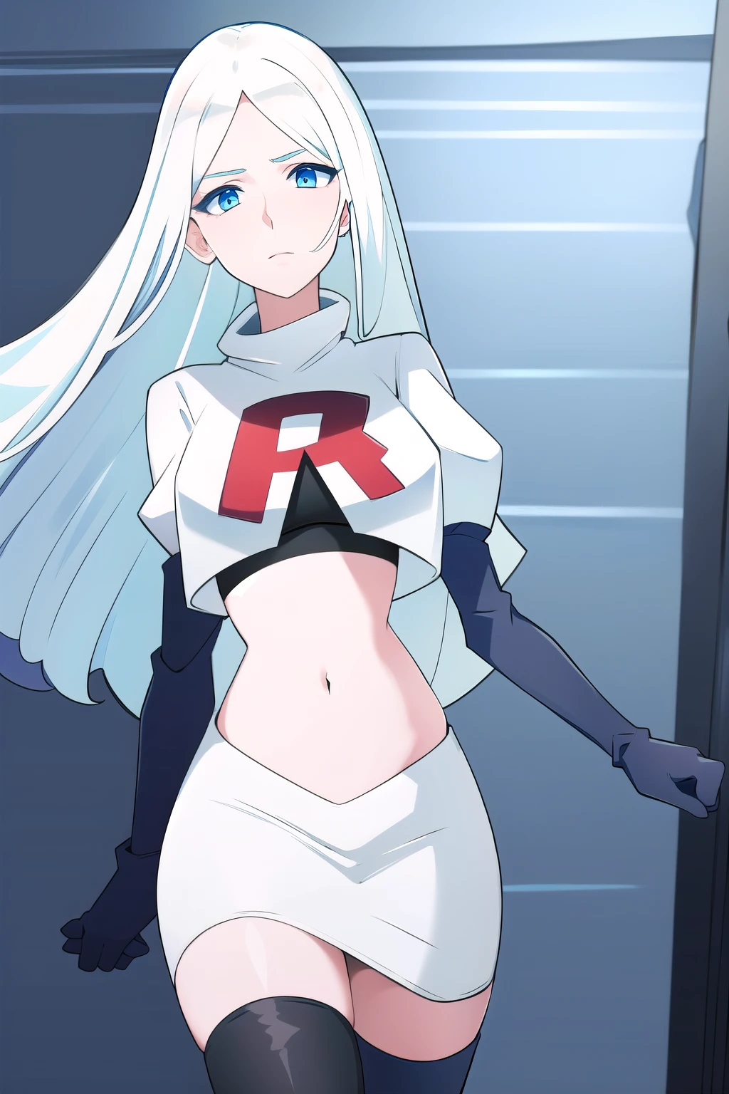 (8k) (high res) (best quality) (masterpiece) blue_diamond, white hair,long hair, blue skin,colored skin,  blue eyes, team rocket,team rocket uniform,white skirt,red letter R,crop top,black thigh-highs,black elbow gloves