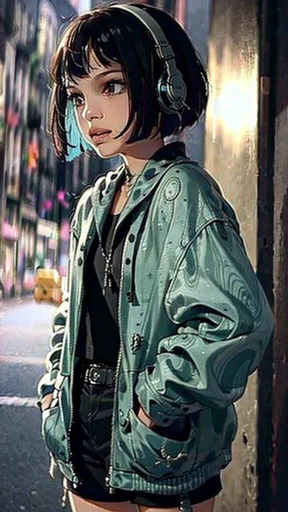 a woman with incredibly absurd expression, wearing oversized hoodie, headphones, standing on a street, plein air, sateen, neons, short long hair, brightly colored eyes, hands in pockets, shortpants, water dripping, (best quality,4k,8k,highres,masterpiece:1.2),ultra-detailed,(realistic,photorealistic,photo-realistic:1.37)