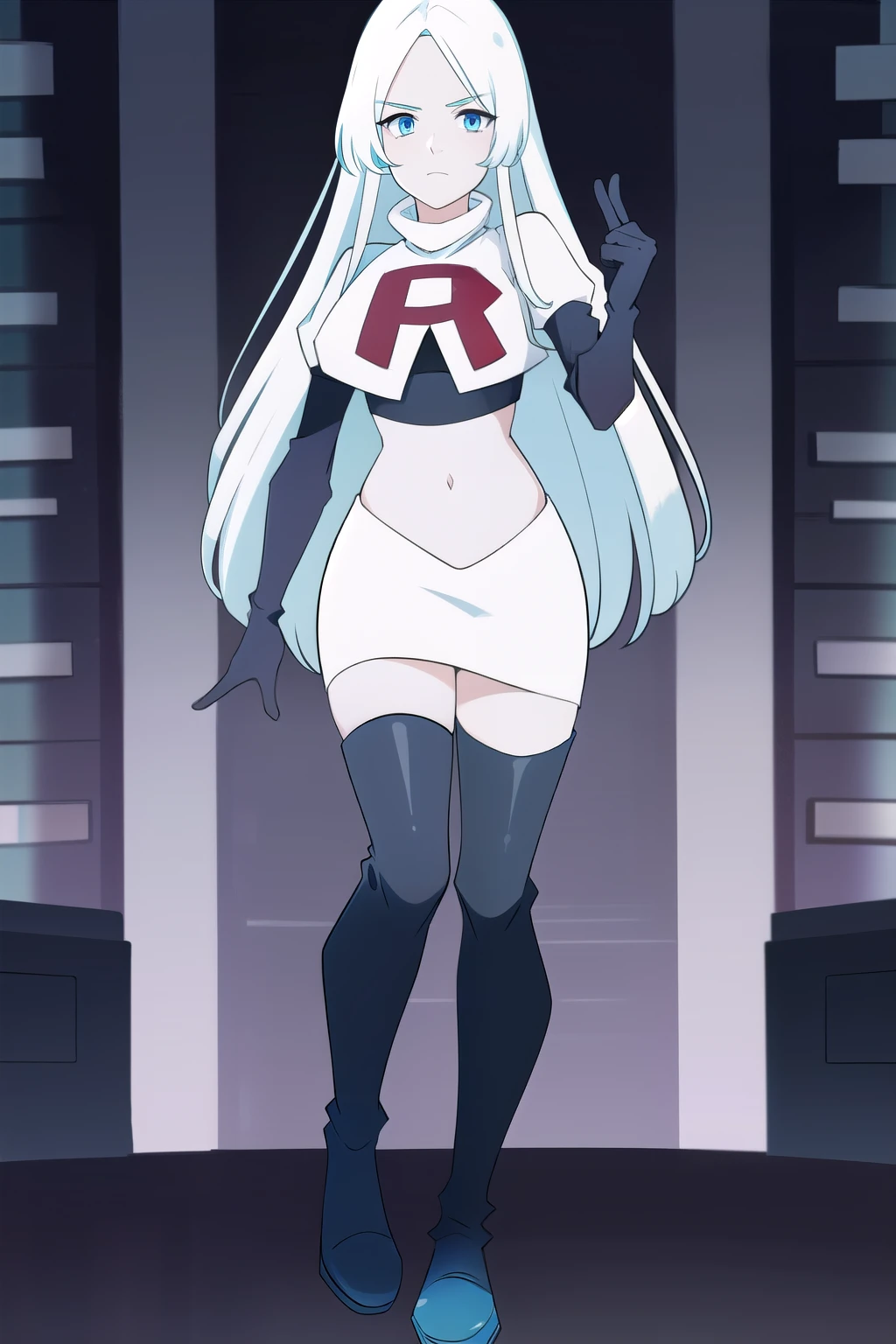 (8k) (high res) (best quality) (masterpiece) blue_diamond, white hair,long hair, blue skin,colored skin,  blue eyes, team rocket,team rocket uniform,white skirt,red letter R,crop top,black thigh-highs,black elbow gloves