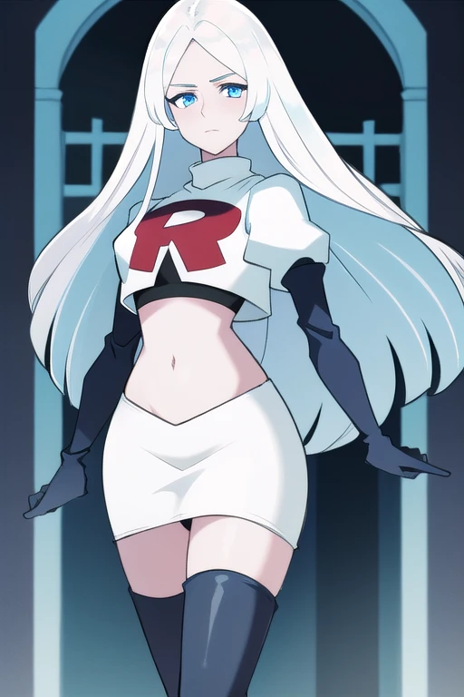 (8k) (high res) (best quality) (masterpiece) blue_diamond, white hair,long hair, blue skin,colored skin,  blue eyes, team rocket,team rocket uniform,white skirt,red letter R,crop top,black thigh-highs,black elbow gloves