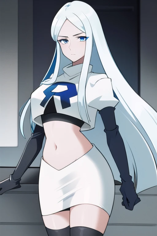 (8k) (high res) (best quality) (masterpiece) blue_diamond, white hair,long hair, blue skin,colored skin,  blue eyes, team rocket,team rocket uniform,white skirt,red letter R,crop top,black thigh-highs,black elbow gloves