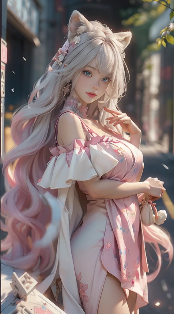 ((best qualtiy)), ((tmasterpiece)), (detail:1.4), Beautiful cyberpunk female images,hdr(HighDynamicRange),Ray traching,NVIDIA RTX,Hyper-Resolution,illusory 5,sub surface scattering,PBR textures,post-proces,Anisotropy Filtering,depth of fields,maximum definition and sharpness,Many-Layer Textures,Albedo e mapas Speculares,Surface coloring,Mitsu-Accurate simulation of material interactions,perfectly proportioned,rendering by octane,Two-colored light,largeaperture,Low ISO,White balance,Rule three points、8K raw data、Beautiful bright blue pupils,off-the-shoulder clothes,Fine pupils,Delicate face and eyes,long eyelasher,Blushlush,Delicate and fluffy hair,pink lip,Pure,Cute face,Sweet girl,Artistic sense,Casual wear,Advancedsense,butterflys,Cherry blossom petal,Beautiful hair accessories,Long hair and waist,Hair fluttering in the wind,Snow-white fox ears,curlies,Snow-white fluffy tail,Positive light,The light from the back window is backlighted