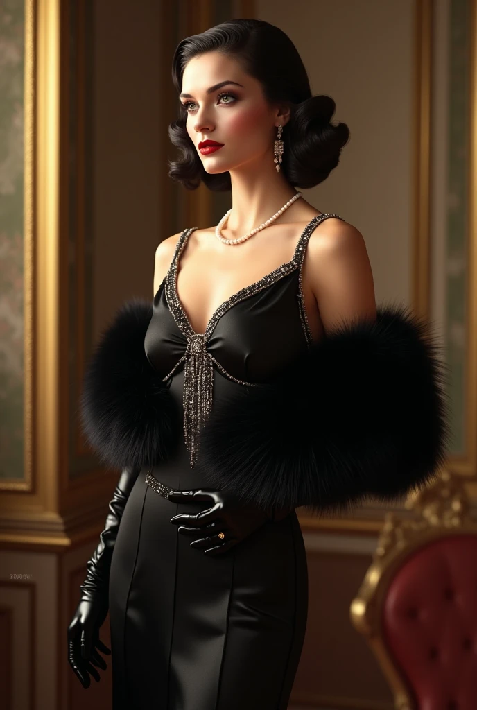 1girl, 1950s, fashion, elegant, flapper dress, faux fur collar, 1950s victory rolls hairstyle, bandana covering mouth, color, bayonet, stage performer, dynamic pose, (best quality,4k,8k,highres,masterpiece:1.2),ultra-detailed,(realistic,photorealistic,photo-realistic:1.37),vibrant colors,dramatic lighting,cinematic composition,cinematic lighting,dramatic pose