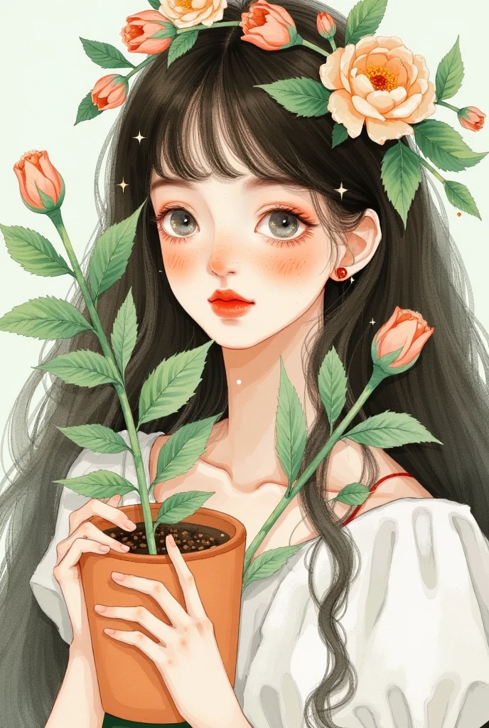  There is a girl with a flower in her hair，Holding a plant in her hand , 水彩插画风格,  soft anime illustration , Girl with a wreath, artstrationTrend ,  a beautiful art illustration , Lovely art style, Painted face girl,  Lovely illustrations , Portrait of Lofy, Lo-Fi Girl, Dream illustration , Lovely realistic portrait , Digital Anime Illustration, Close-up shot of a woman holding a vase with flowers 