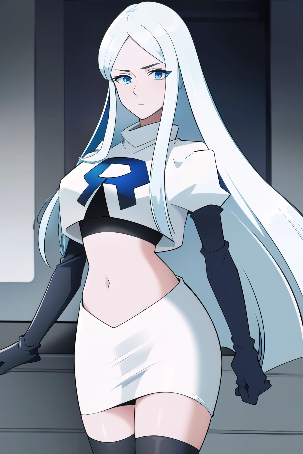 (8k) (high res) (best quality) (masterpiece) blue_diamond, white hair,long hair, blue skin,colored skin,  blue eyes, team rocket,team rocket uniform,white skirt,red letter R,crop top,black thigh-highs,black elbow gloves