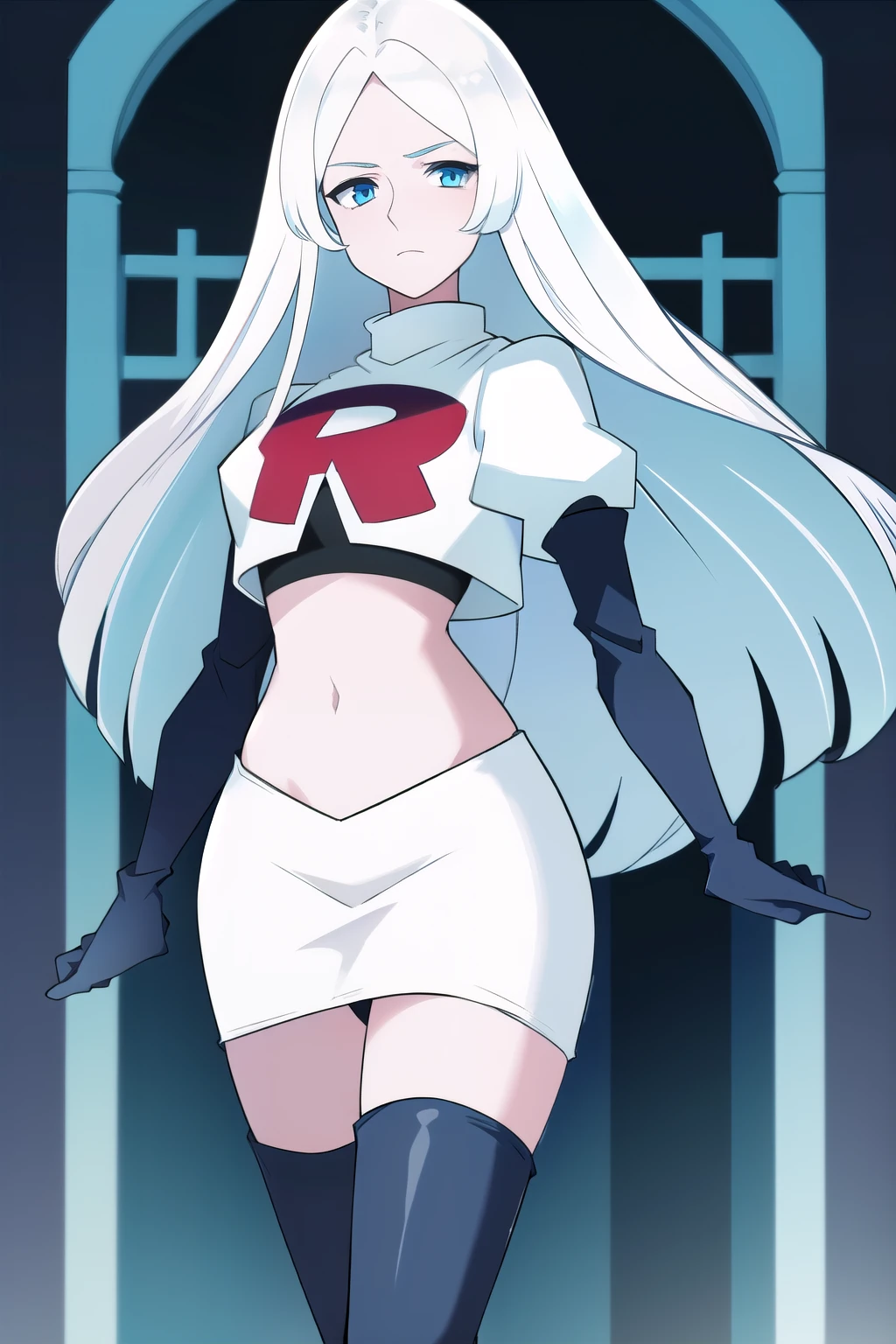 (8k) (high res) (best quality) (masterpiece) blue_diamond, white hair,long hair, blue skin,colored skin,  blue eyes, team rocket,team rocket uniform,white skirt,red letter R,crop top,black thigh-highs,black elbow gloves