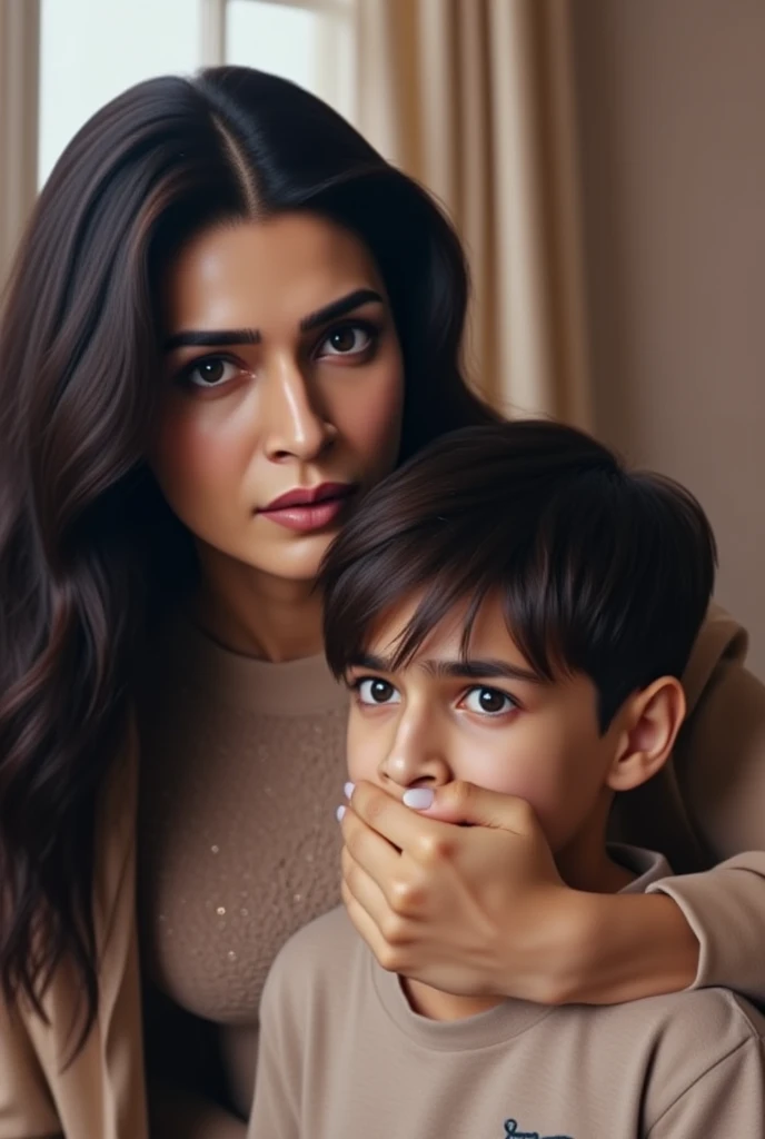 Kriti Sanon, with long black hair, covering the mouth and nose of a . Her big hand, with short white nails, tightly covers the mouth and nose of the worried boy. They are in a room, with daylight streaming through the windows.