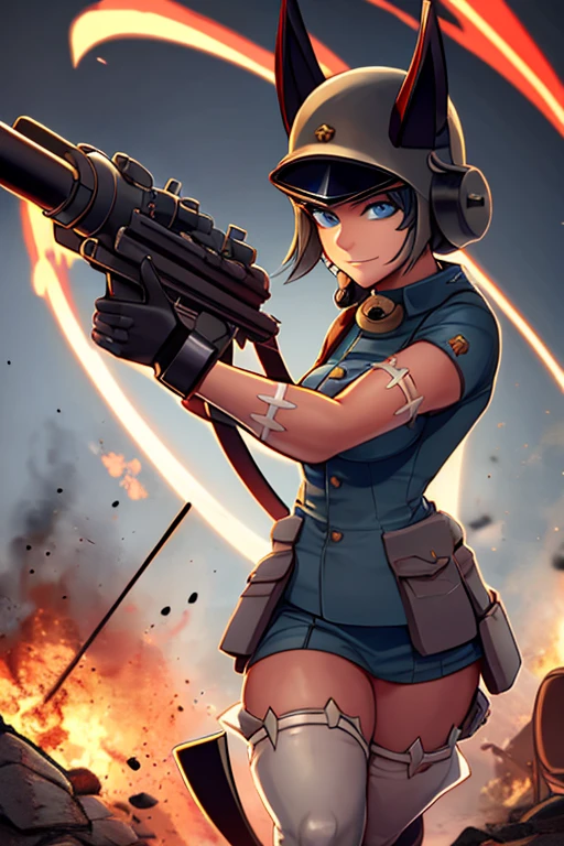 MS Fortune in WW1 PyroManiac uniform wearing a gas mask holding a FlameThrower gun raiding the trenches