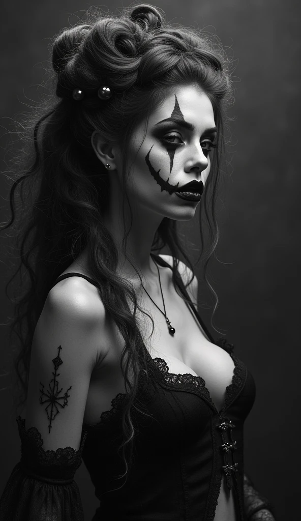 Create a hyper detailed photograph of a jack Skellington tattoos young stunning gorgeous sexy sally Skellington, Stunningly perfect gorgeous face, perfect makeup, detailed vibrant eyes, long black hair,detailed perfect beautiful legs, detailed perfect beautiful arms, realistic torso, detailed pale silky smooth skin, detaile perky breast, perfect round ass, transparent strappy lace lingerie, back to viewer looking forward,