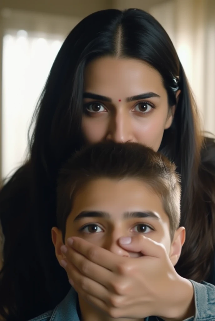 Kriti Sanon, with long black hair, covering the mouth and nose of a . Her big hand, with short white nails, tightly covers the mouth and nose of the worried boy. They are in a room, with daylight streaming through the windows.