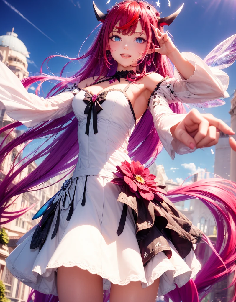 IrysIdol, heterochromia, long hair, double halo, detached wings, white dress, detached sleeves, bare shoulders, flower, purple thighhighs, good anatomy, two arms, two legs, laugh, dynamic pose, (looking at viewer), laugh