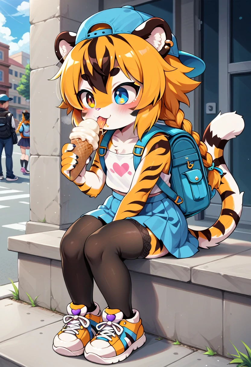 masterpiece, high resolution, best quality, (furry tiger girl, baby body, baby height, flat chest, animal face, animal skin, animal fur, tiger ears, tiger tail), heterochromia, multicolored hair, twin braids, piercing, makeup, tattoo, cap, top, stockings, skirt, sneakers, backpack, sitting on the sidewalk eating ice cream