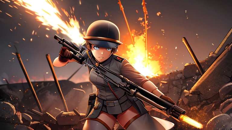 MS Fortune in WW1 PyroManiac uniform holding a FlameThrower gun raiding the trenches