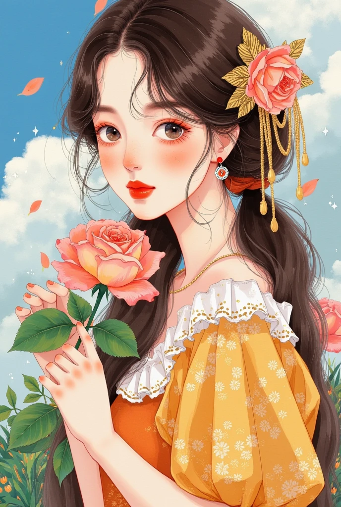 A lady holds a rose in her hand, An anime drawn by Ni Tian , PIXIV TRENDS , Fantasy Art, artstrationTrend , Beautiful anime portrait,  Korean Art Nouveau anime ,   created in Bowater's art style  ,  Dreaming of Flying Through the Sky ,  beautiful anime style ,  beautiful anime style , Lovely art style,  soft anime illustration , Beautiful digital illustrations