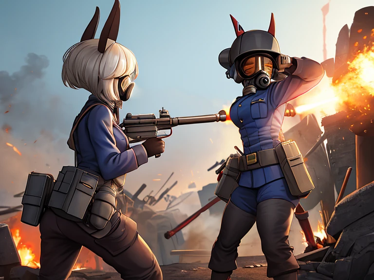 MS Fortune in WW1 PyroManiac uniform wearing a gas mask holding a FlameThrower gun raiding the trenches