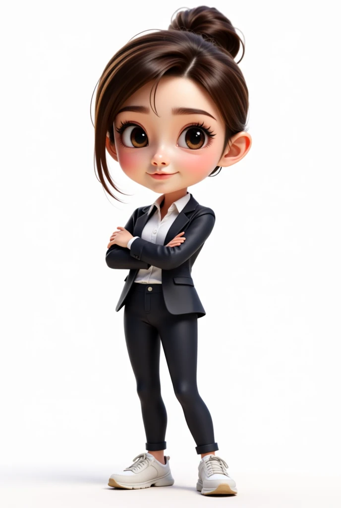 a cute cartoon character in professional outfit, standing full body shot, highly detailed, 4K, 8k, photorealistic, masterpiece, vibrant colors, dynamic lighting, soft ambient lighting, clean professional look, stylized, dynamic pose, confident expression, detailed facial features, big expressive eyes, detailed hair, sharp focus, seamless blending, Studio quality background all white men's casual wear sneakers chunky