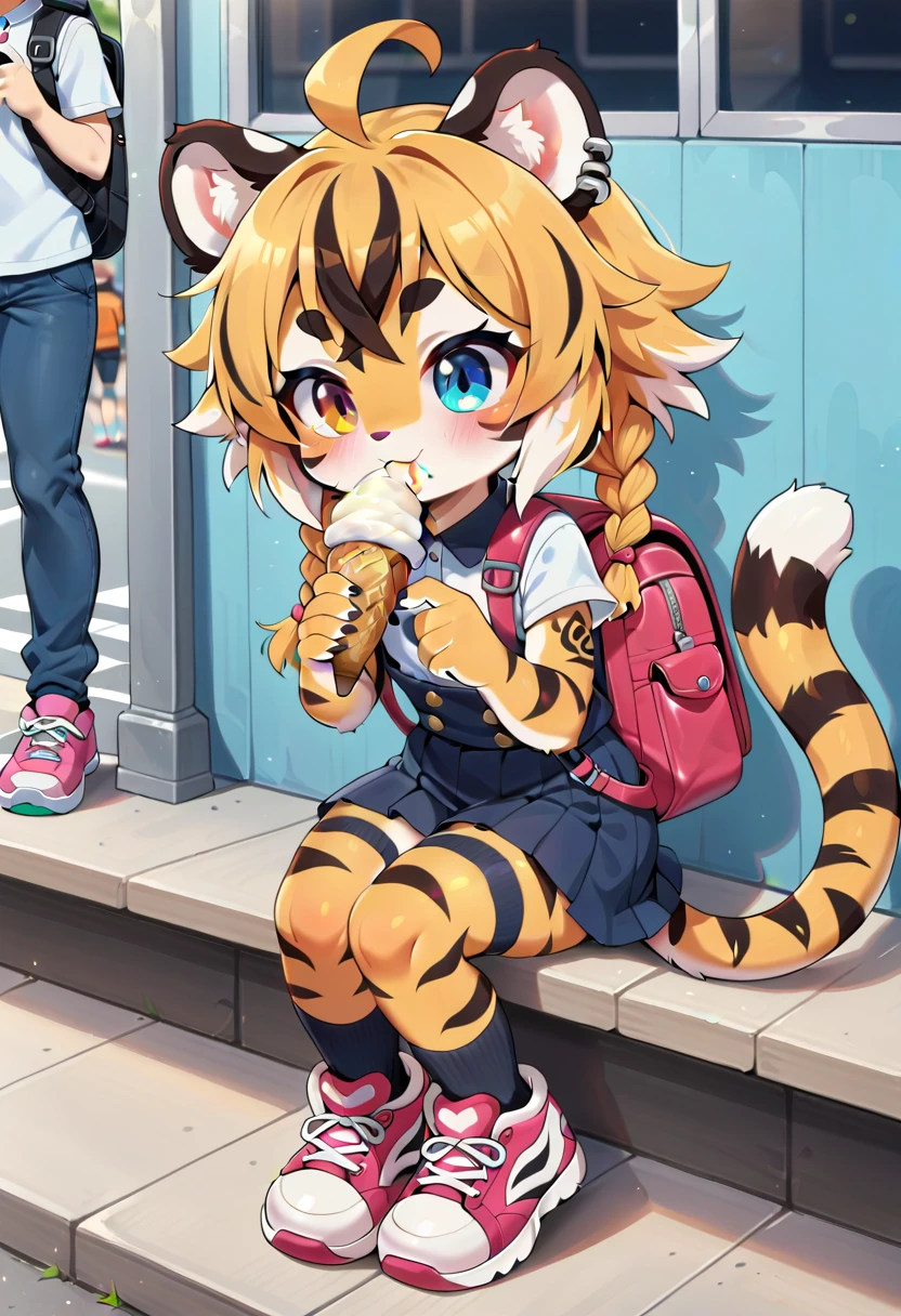 masterpiece, high resolution, best quality, (furry tiger girl, baby body, baby height, flat chest, animal face, animal skin, animal fur, tiger ears, tiger tail), heterochromia, multicolored hair, twin braids, piercing, makeup, tattoo, cap, top, stockings, skirt, sneakers, backpack, sitting on the sidewalk eating ice cream, public