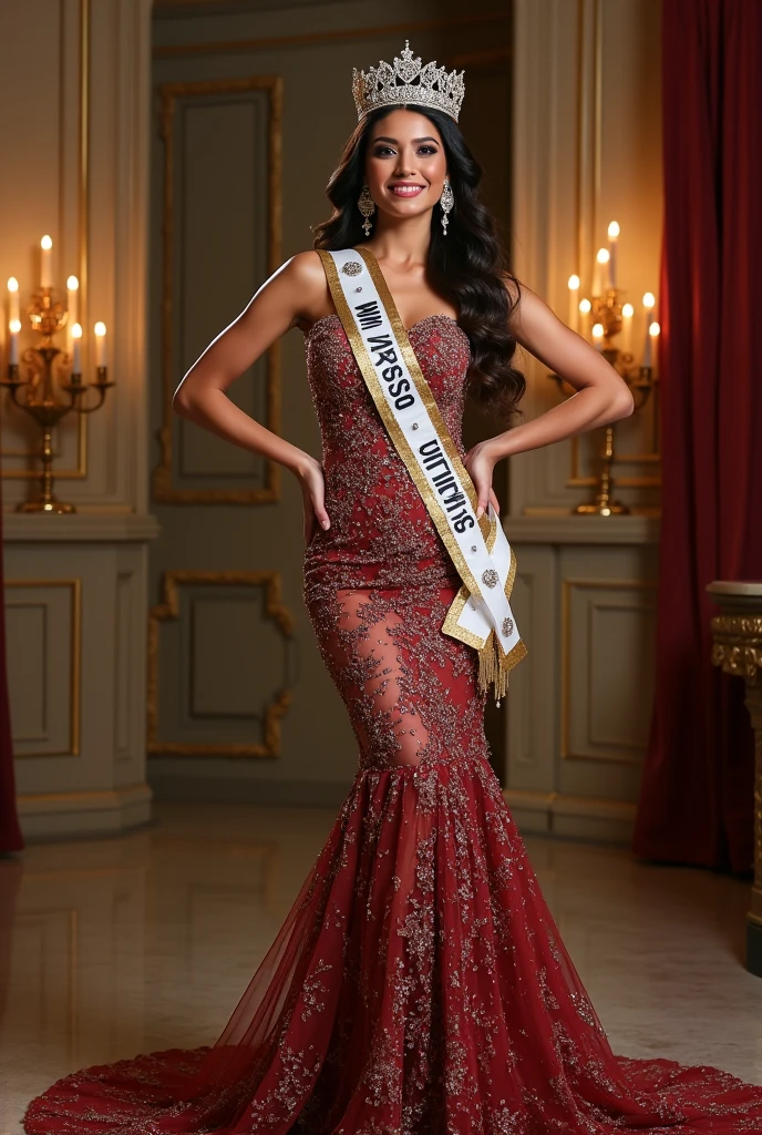 Create an image of a beautiful Miss Universe winner representing the country of Yomaland. She stands confidently on stage, wearing a stunning, elegant gown, showing off her right leg, 
 featuring intricate patterns and rich colors like deep red, vibrant Diamond. Her hair is styled in loose waves, adorned with a crown made of precious gemstones and delicate gold filigree, symbolizing the cultural heritage of Yomaland.A sash drapes elegantly across her shoulder, with 'YOMALAND' written in bold, shimmering letters. Her makeup is flawless, highlighting her natural beauty, with a radiant smile that reflects her poise and grace. The background shows an opulent stage with soft lighting, accentuating her presence as the center of attention.