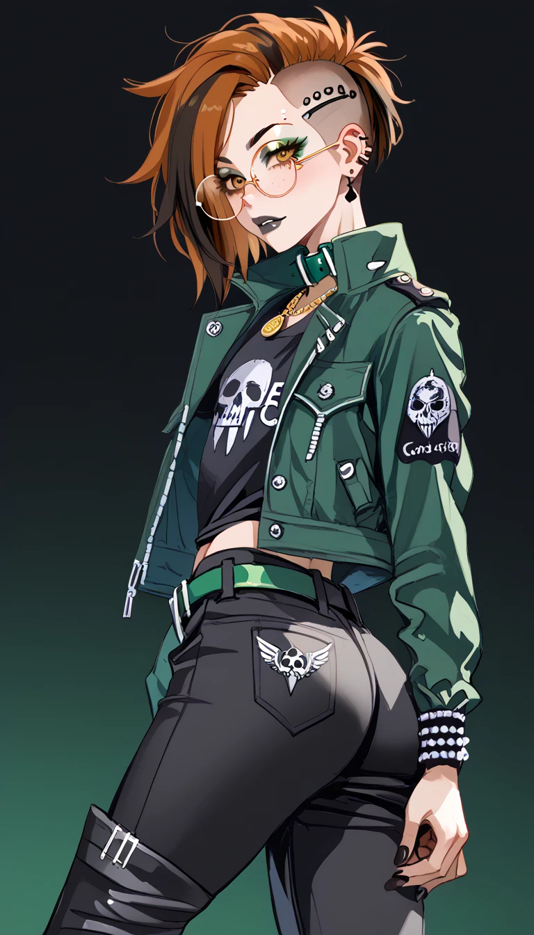 1boy;Androgynous;auburn punk undercut hair;gold eyes;freckled skin;toned,athletic body;black lip gloss;black eyeliner;green eyeshadow;sharp black nails;round glasses;black tight full shirt;black cargo pants with green accents;green belt;Green Canvas Jacket;Combat Boots;amber pendant;green collar;pierced ears;GothMOONXL
