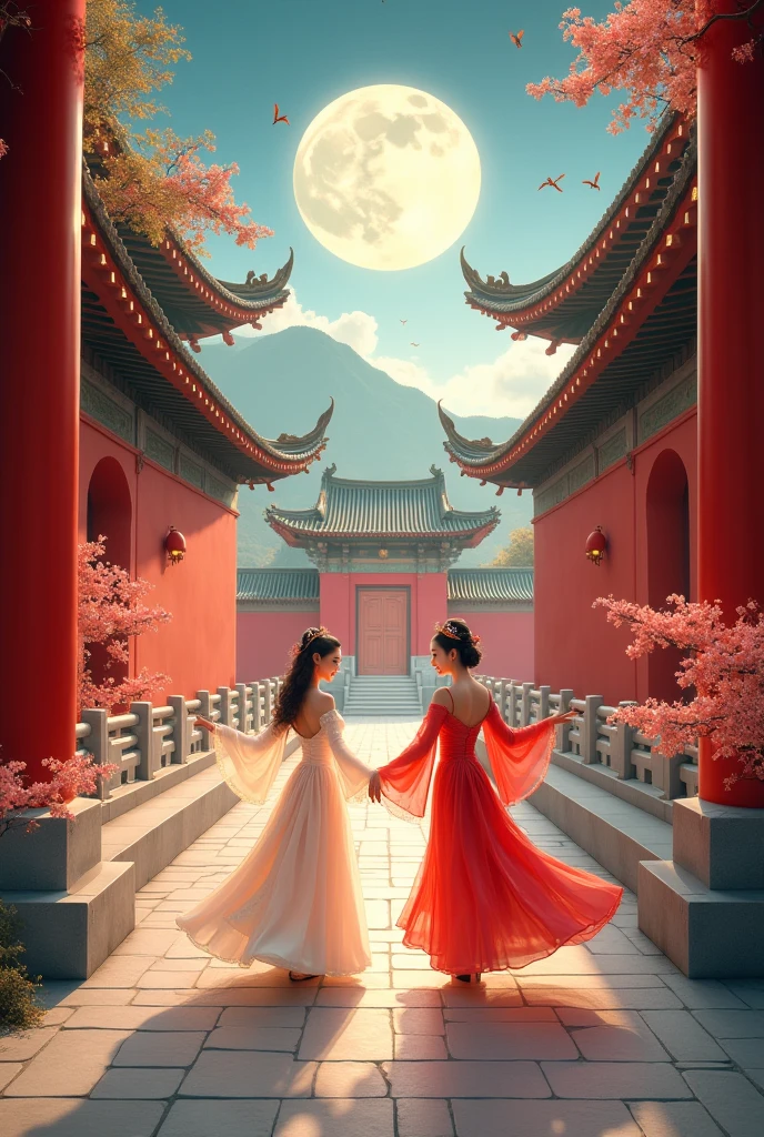 A melodious song lingers in the air，
The red walls and deep courtyards are full of spring。
The phoenix crown and the bridal robe reflect the sun
The splendor is also love。
The moonlight shines on the stone path，
The red gates are full of music。
The dancing is as graceful as in a dream，
The carved railings and jade bricks reflect the heart。
Looking for that gentle sky，
The steps are also lingering，
The dragon robe is not for the emperor,
A play is full of love。
The dragon and the phoenix are auspicious, not false，
A thousand-dollar smile brings eternal spring。
The throne is also full of love，
The love song in the world is also melodious。
Time flies and years pass，
The royal family also has true love
The red silk brushes against the colorful clothes，
The splendor is also tender。
The dragon robe is not ordinary，
The brocade clothes brush against the blazing sun。
Emperors also have love for their children，
The splendor is also tender。
Looking for that gentle sky，