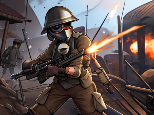 MS Fortune in WW1 PyroManiac uniform wearing a gas mask holding a FlameThrower gun raiding the trenches