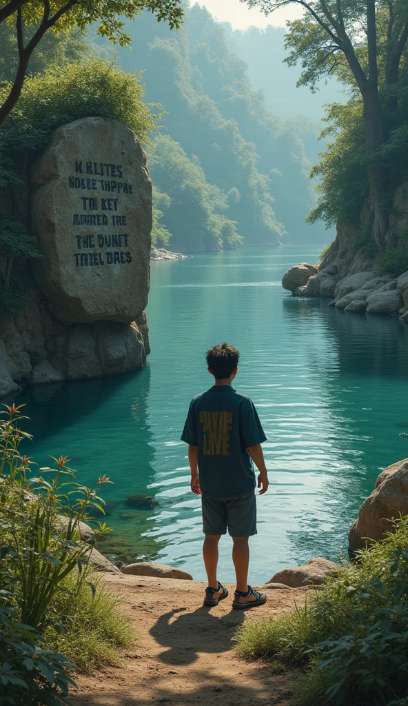 (masterpiece:1.2,Exceptional Quality,mirror-like,Cinematic Experience),8k,wallpaper,Italy,Grotta Azzurra,(Diffuse reflection of light:2.0), a 18 year younger old boy sitting on boat, the boy wearing black cap and black tshirt and lower, 
YOGESH RATHOR name on the tshirt, the boy looking face to face 