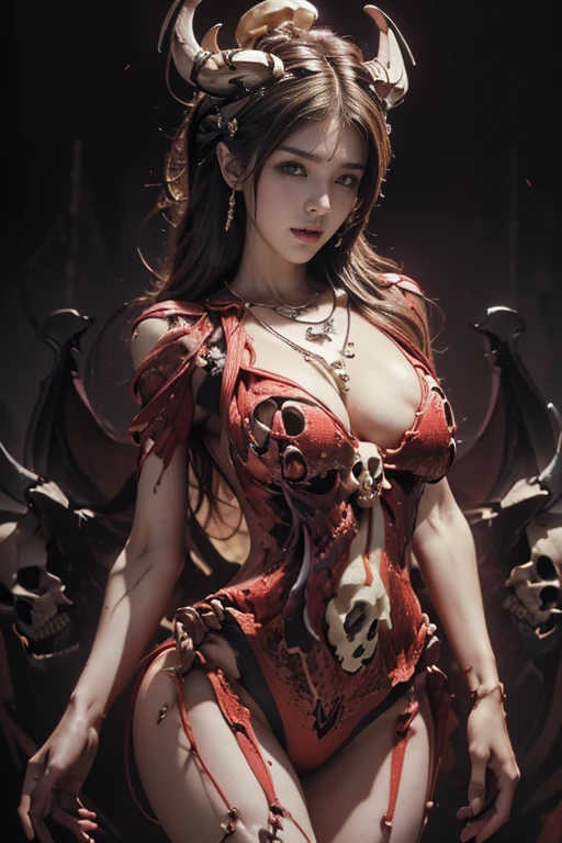 A Strawberry, ((Masterpiece, top quality, high resolution, highly detailed CG unified 8K wallpaper)), (huge stunning goddess shot, very hot and sexy, jaw-dropping beauty, perfect proportions, beautiful body, slim body beauty:1.3), (dynamic pose, dynamic composition),(demon skull head necklace:1.5),