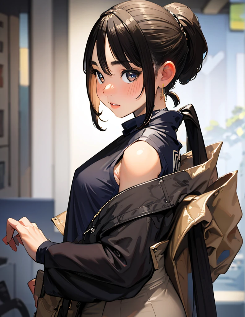 masterpiece, depth of field, mature woman, yomyom, serious, shy, blushing, detailed eyes, black eyes, shining eyes, black hair, loose pony tail, ponytail over the shoulder, hand behind back,