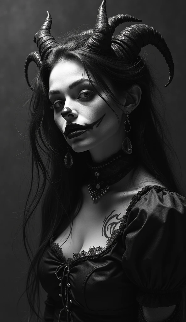 Horned demonic woman dressed in black lingerie transparente posing for a photo in a dark studio, maquiagem preta, Corpo Perfeito, pose sensual, ultra detalhado, master part.