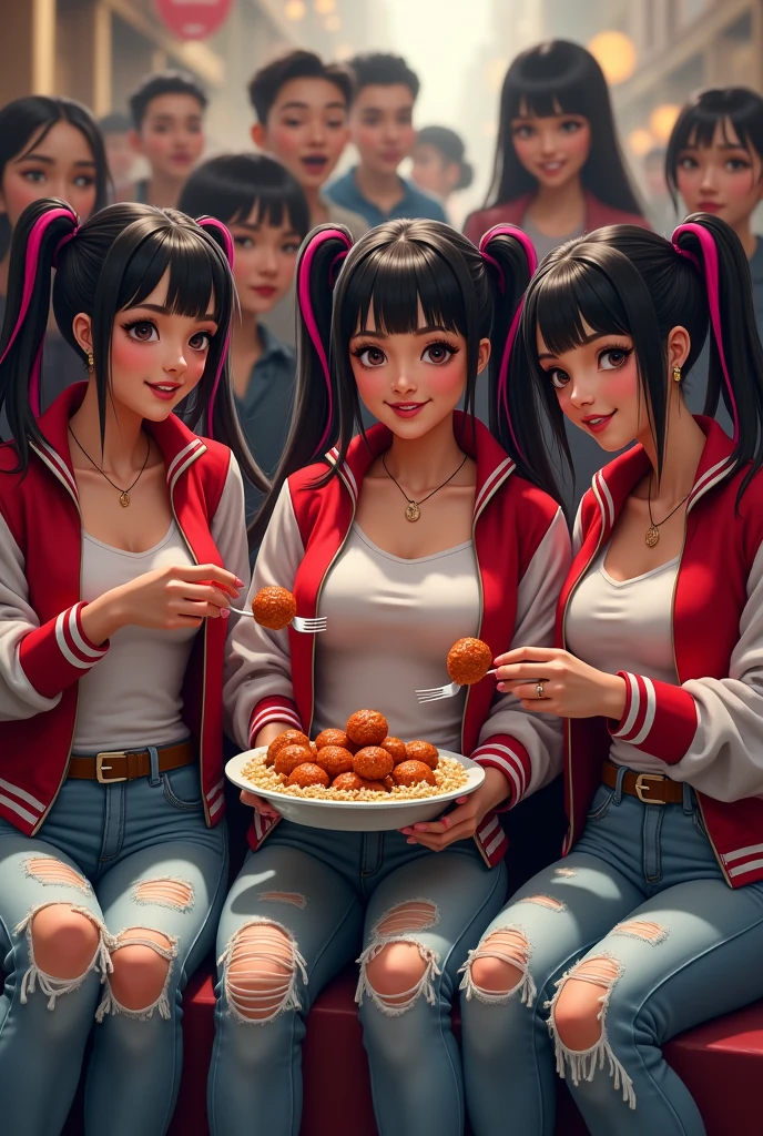 "(best quality,highres,masterpiece:1.2),3 cute girls eating pizza happily,smiling,beautiful girls,chibi trio,big heads,super deformed,adorable,pizza and juice on the table,delicious-looking pizza and juice,fun,pizza party,party decorations in the background"