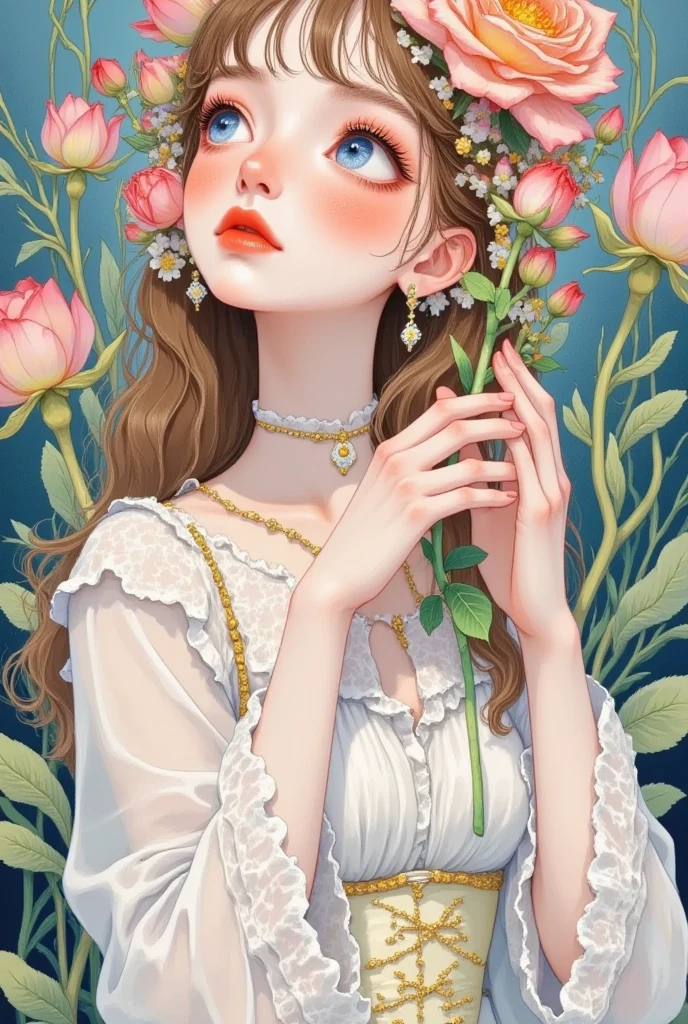 A lady holds a rose in her hand, artstrationTrend , Beautiful anime portrait,  Korean Art Nouveau anime ,   created in Bowater's art style  ,  Dreaming of Flying Through the Sky ,  beautiful anime style , author：unbelievable,  beautiful anime style , Lovely art style,  soft anime illustration , author：The J, Beautiful digital illustrations, Digital Anime Illustration