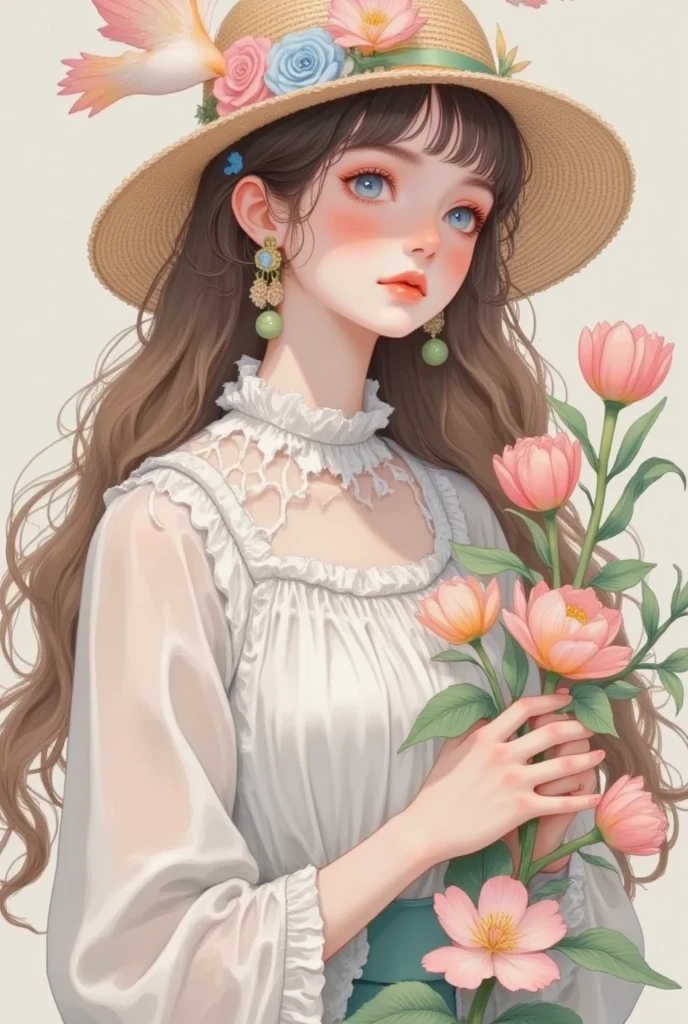 There is a girl holding a hat and a flower in her hand, Exquisite painting style, Lovely art style,   created in Bowater's art style  ,  soft anime illustration ,   Realistic Cute Girl Paintings , Beautiful anime portrait, artstrationTrend ,  traditional painting style ,  Dreaming of Flying Through the Sky ,  beautiful anime style , Beautiful digital illustrations,  exquisite digital art , Lovely realistic portrait 