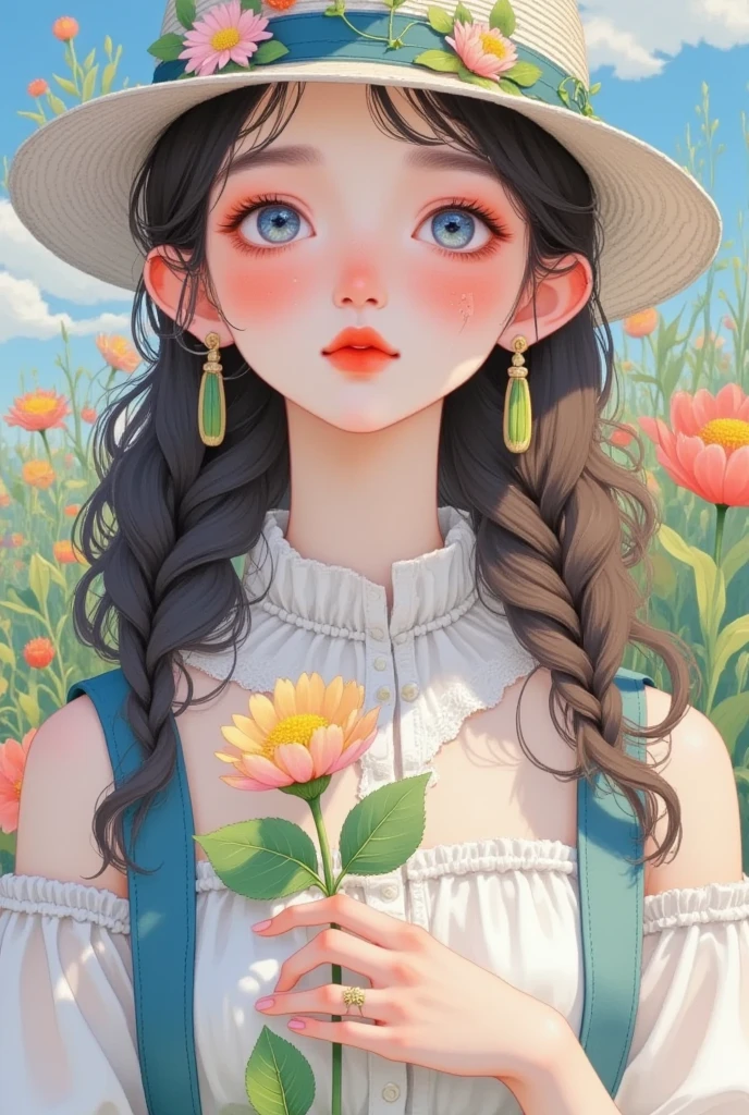 There is a girl holding a hat and a flower in her hand, An anime drawn by Ni Tian , Popular in the CG community , Aestheticism, Exquisite painting style, Lovely art style,   created in Bowater's art style  ,  soft anime illustration ,   Realistic Cute Girl Paintings , Beautiful anime portrait, artstrationTrend ,  traditional painting style ,  Dreaming of Flying Through the Sky ,  beautiful anime style 